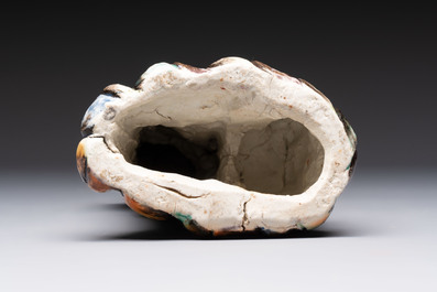 A pair of Chinese famille verte covered jars, a Tieguai Li figure, a blue and white teapot and a biscuit saucer, Kangxi and Qing Yu Tang mark, 19th C.