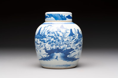 A Chinese blue and white Wang-Bu-style go stones or Yunzi 雲子 box, a four-tier stacking box and a covered jar, 19th C.