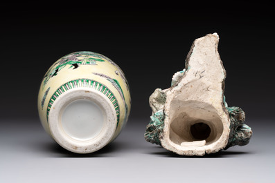 A Chinese verte biscuit vase, a sculpture of a fisherman and a Milefo Buddha, You Lin Ji 游林記造 and Zhu Mao Ji 朱茂記造 mark, 20th C.