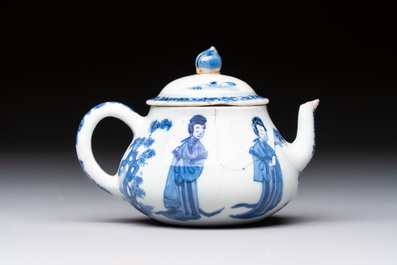 A pair of Chinese famille verte covered jars, a Tieguai Li figure, a blue and white teapot and a biscuit saucer, Kangxi and Qing Yu Tang mark, 19th C.