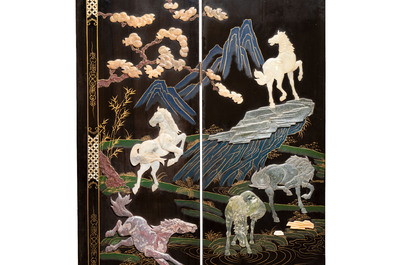 A Chinese precious-stone-inset gilt-lacquered four-panel 'Ba Jun Tu 八骏图' folding screen, 20th C.
