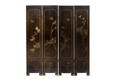 A Chinese precious-stone-inset gilt-lacquered four-panel 'Ba Jun Tu 八骏图' folding screen, 20th C.
