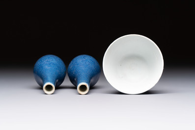 A pair of Chinese blue-glazed 'Hatcher Cargo' vases with incised dragons and a stem cup, Transitional period