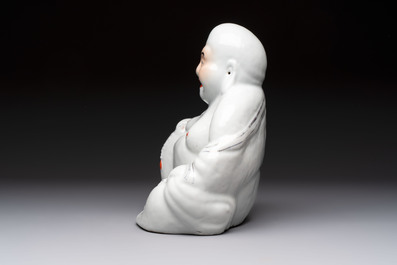 A Chinese verte biscuit vase, a sculpture of a fisherman and a Milefo Buddha, You Lin Ji 游林記造 and Zhu Mao Ji 朱茂記造 mark, 20th C.