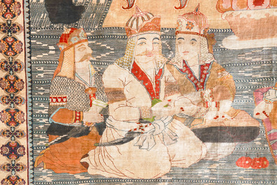 An exceptional and large embroidered silk 'Shahnameh' carpet, signed Musa Baft Tabriz, Tabriz, Iran, 20th C.