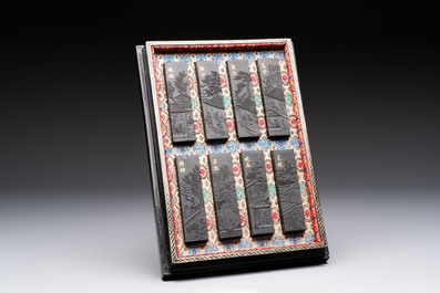 A set of eight Chinese 'Yu Zhi Min Sheng Zai Qin Shi 御製民生在勤詩' ink cakes with a gilt-lacquered 'dragon' box, Hu Kaiwen 胡開文 mark, 20th C.