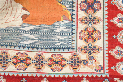 An exceptional and large embroidered silk 'Shahnameh' carpet, signed Musa Baft Tabriz, Tabriz, Iran, 20th C.