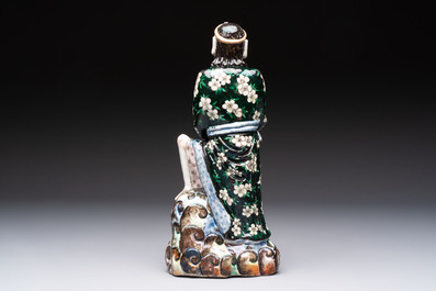 A pair of Chinese famille verte covered jars, a Tieguai Li figure, a blue and white teapot and a biscuit saucer, Kangxi and Qing Yu Tang mark, 19th C.