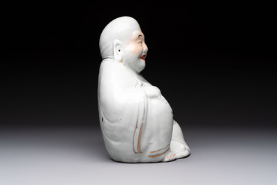 A Chinese verte biscuit vase, a sculpture of a fisherman and a Milefo Buddha, You Lin Ji 游林記造 and Zhu Mao Ji 朱茂記造 mark, 20th C.