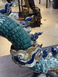 A pair of large Chinese polychrome-glazed Shiwan stoneware dragons, 19th C.