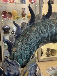 A large Chinese polychrome-glazed Shiwan stoneware dragon, 19th C.