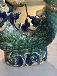 A pair of large Chinese polychrome-glazed Shiwan stoneware dragons, 19th C.