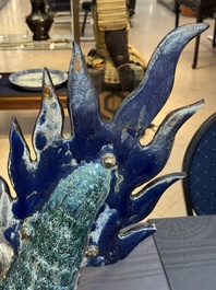 A pair of large Chinese polychrome-glazed Shiwan stoneware dragons, 19th C.