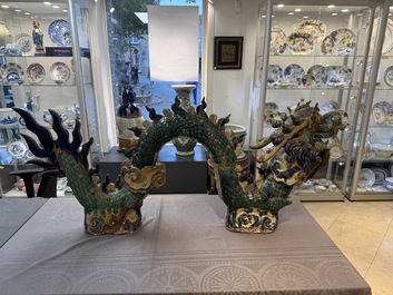 A pair of large Chinese polychrome-glazed Shiwan stoneware dragons, 19th C.