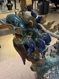A pair of large Chinese polychrome-glazed Shiwan stoneware dragons, 19th C.