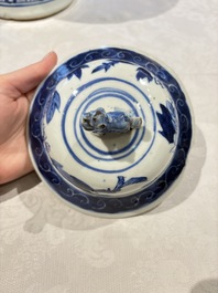 Two pairs of Chinese blue and white covered vases and a large covered vase, 19th C.