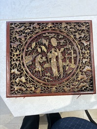 Six Chinese gilt-lacquered carved wooden panels with narrative design, 19th C.