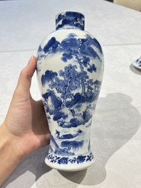 Two pairs of Chinese blue and white covered vases and a large covered vase, 19th C.