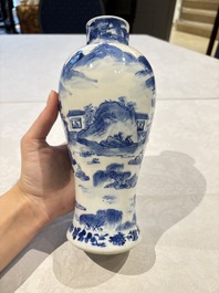 Two pairs of Chinese blue and white covered vases and a large covered vase, 19th C.