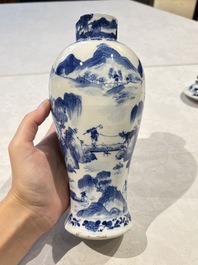 Two pairs of Chinese blue and white covered vases and a large covered vase, 19th C.