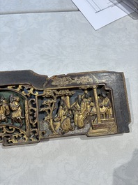 Six Chinese gilt-lacquered carved wooden panels with narrative design, 19th C.