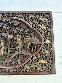 Six Chinese gilt-lacquered carved wooden panels with narrative design, 19th C.