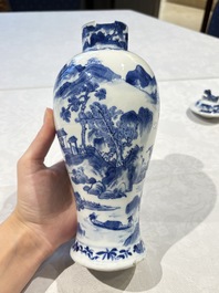 Two pairs of Chinese blue and white covered vases and a large covered vase, 19th C.