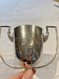 A Chinese or Vietnamese silver covered tripod censer and a Chinese silver trophy-form &lsquo;Lin Zhi Cheng Xiang 麟趾呈祥&rsquo; goblet, 19/20th C.