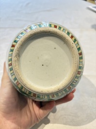 Four Chinese famille verte vases, a jar and a bowl, 19th C.