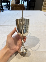 A Chinese or Vietnamese silver covered tripod censer and a Chinese silver trophy-form &lsquo;Lin Zhi Cheng Xiang 麟趾呈祥&rsquo; goblet, 19/20th C.