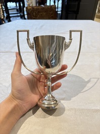 A Chinese or Vietnamese silver covered tripod censer and a Chinese silver trophy-form &lsquo;Lin Zhi Cheng Xiang 麟趾呈祥&rsquo; goblet, 19/20th C.