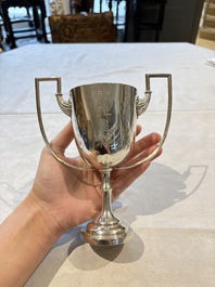 A Chinese or Vietnamese silver covered tripod censer and a Chinese silver trophy-form &lsquo;Lin Zhi Cheng Xiang 麟趾呈祥&rsquo; goblet, 19/20th C.