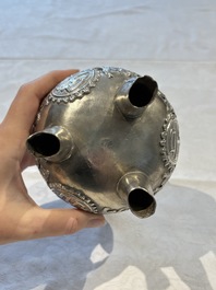 A Chinese or Vietnamese silver covered tripod censer and a Chinese silver trophy-form &lsquo;Lin Zhi Cheng Xiang 麟趾呈祥&rsquo; goblet, 19/20th C.