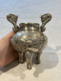 A Chinese or Vietnamese silver covered tripod censer and a Chinese silver trophy-form &lsquo;Lin Zhi Cheng Xiang 麟趾呈祥&rsquo; goblet, 19/20th C.
