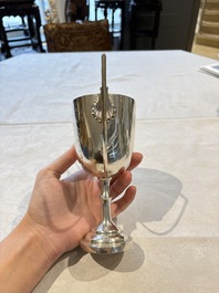 A Chinese or Vietnamese silver covered tripod censer and a Chinese silver trophy-form &lsquo;Lin Zhi Cheng Xiang 麟趾呈祥&rsquo; goblet, 19/20th C.