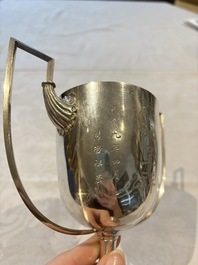 A Chinese or Vietnamese silver covered tripod censer and a Chinese silver trophy-form &lsquo;Lin Zhi Cheng Xiang 麟趾呈祥&rsquo; goblet, 19/20th C.