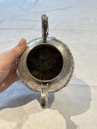 A Chinese or Vietnamese silver covered tripod censer and a Chinese silver trophy-form &lsquo;Lin Zhi Cheng Xiang 麟趾呈祥&rsquo; goblet, 19/20th C.