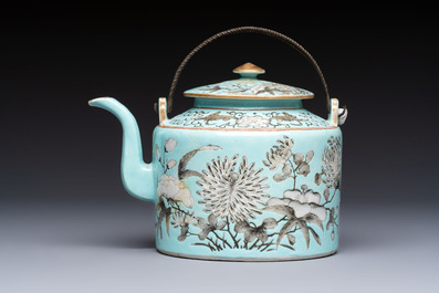 A Chinese grisaille turquoise-ground Dayazhai-style teapot and cover, Guangxu mark and of the period