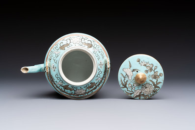 A Chinese grisaille turquoise-ground Dayazhai-style teapot and cover, Guangxu mark and of the period