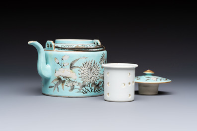 A Chinese grisaille turquoise-ground Dayazhai-style teapot and cover, Guangxu mark and of the period