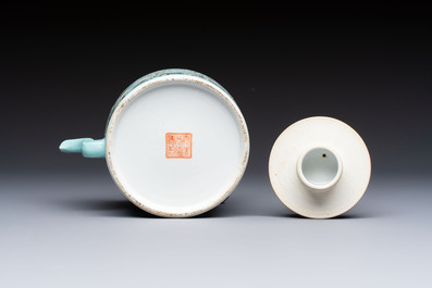 A Chinese grisaille turquoise-ground Dayazhai-style teapot and cover, Guangxu mark and of the period