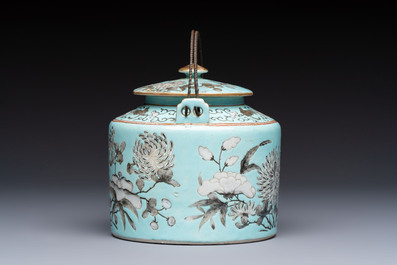 A Chinese grisaille turquoise-ground Dayazhai-style teapot and cover, Guangxu mark and of the period
