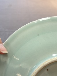 Two Chinese blue and white celadon-ground 'Wu Fu Peng Shou 五福捧壽' plates, Chenghua mark, 19th C.