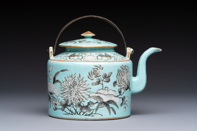 A Chinese grisaille turquoise-ground Dayazhai-style teapot and cover, Guangxu mark and of the period