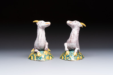 A pair of large polychrome Dutch Delft models of goats, 18th C.