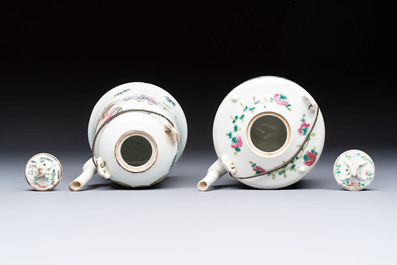 Two Chinese famille rose covered teapots and a qianjiang cai covered teapot, signed Wang Shaowei 王少維, 19th C.