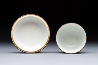 A Chinese blue and white 'Calligraphic' plate, a saucer, a box and a cup for the Thai market, Bao Zhu Li Ji 寶珠利記 and Man Tang Fu Ji 滿堂福記 mark, 19th C.