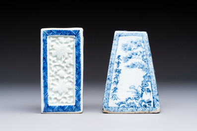 A Chinese blue and white square bitong, a 'Dragon' censer, a covered box, a vase and a paperweight, Guangxu mark, 18/19th C.