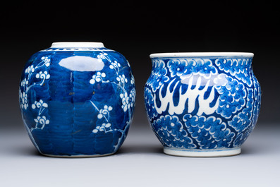 A Chinese blue and white square bitong, a 'Dragon' censer, a covered box, a vase and a paperweight, Guangxu mark, 18/19th C.