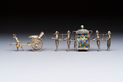 A Chinese enamelled silver model of four bearers and a silver model of a bearer, Guang Sheng Yuan 廣生源 and Yan Ji 衍記 mark, 19th C.